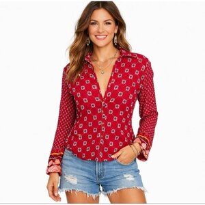 Johnny Was Red Embroidered Rayon Peasant Blouse XS Boho Floral Button Front